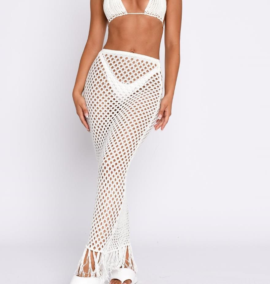 (A)Yiiciovy Women's Sexy Holiday Bikini Cover-Ups Beach Hollow Out Fishnet Tassels Skirts Sexy Lady See Through Beach Long Skirts SMA
