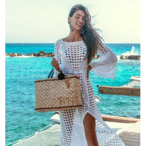 (White)2022 Sexy Women Summer Chic Ladies White Bikini Cover Up Beach Split Dress See Through Knitted Crochet Cover-Ups Bathing Suit SMA