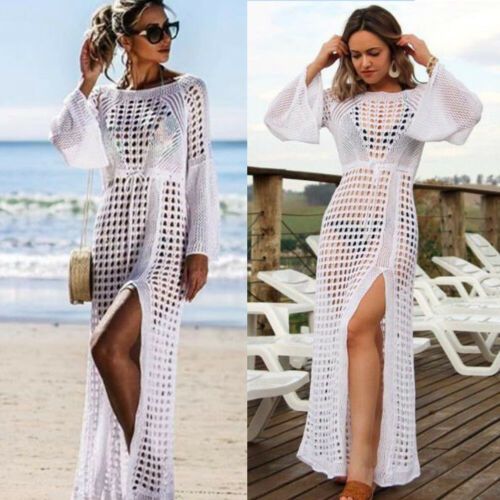 (White)2022 Sexy Women Summer Chic Ladies White Bikini Cover Up Beach Split Dress See Through Knitted Crochet Cover-Ups Bathing Suit SMA