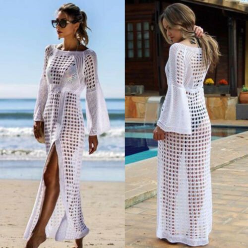 (White)2022 Sexy Women Summer Chic Ladies White Bikini Cover Up Beach Split Dress See Through Knitted Crochet Cover-Ups Bathing Suit SMA