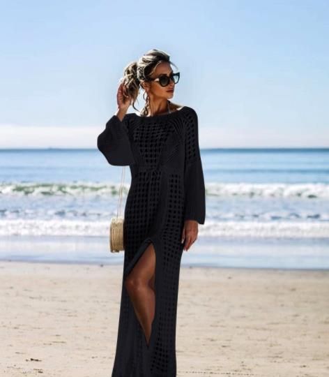 (White)2022 Sexy Women Summer Chic Ladies White Bikini Cover Up Beach Split Dress See Through Knitted Crochet Cover-Ups Bathing Suit SMA