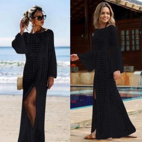 (White)2022 Sexy Women Summer Chic Ladies White Bikini Cover Up Beach Split Dress See Through Knitted Crochet Cover-Ups Bathing Suit SMA