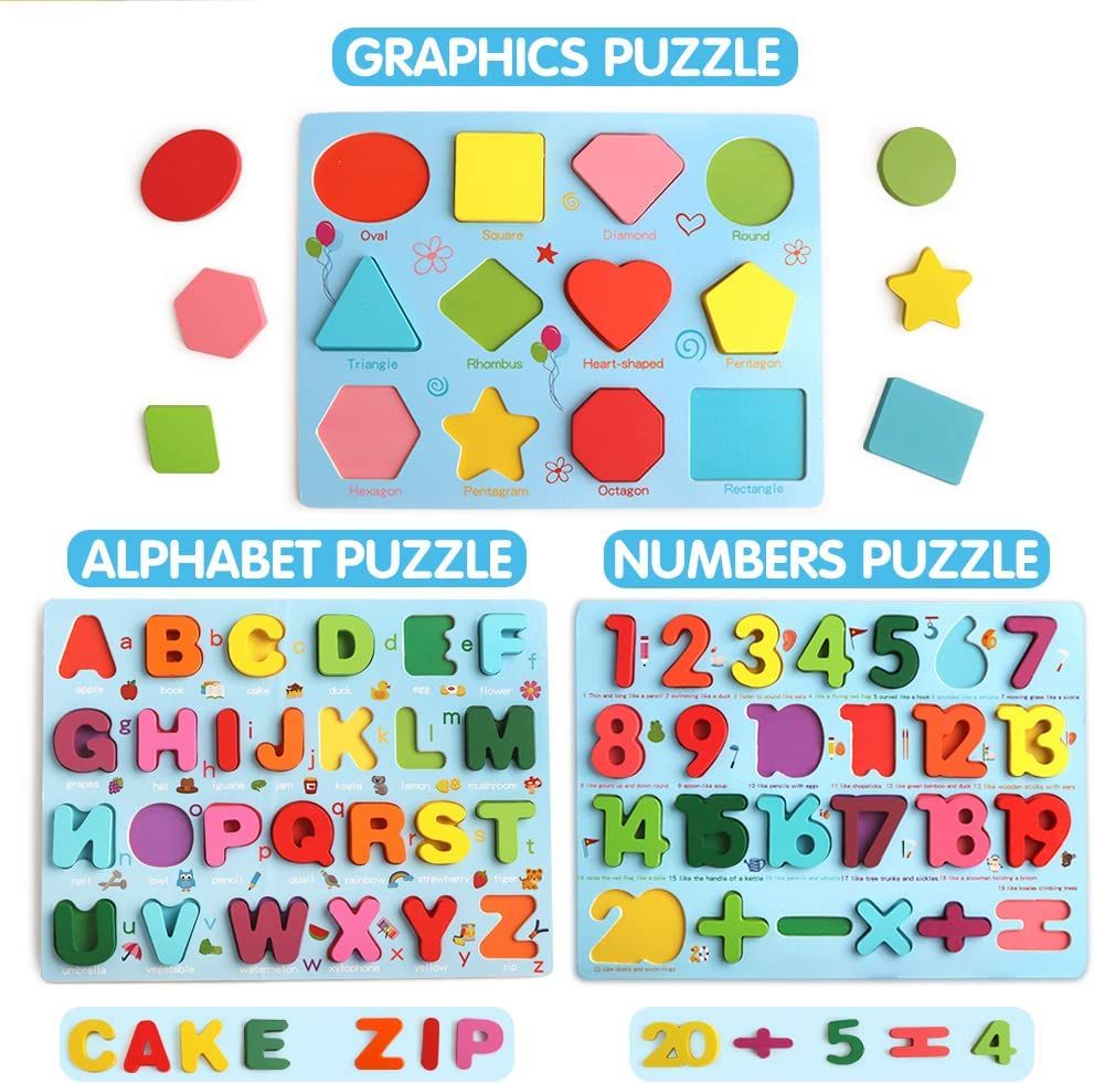 3 Set Wooden Alphabets, Numbers And Shape Learning Toys