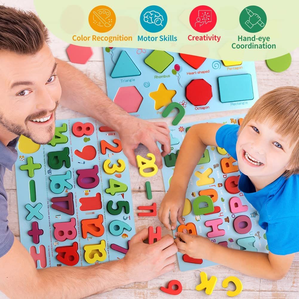 3 Set Wooden Alphabets, Numbers And Shape Learning Toys
