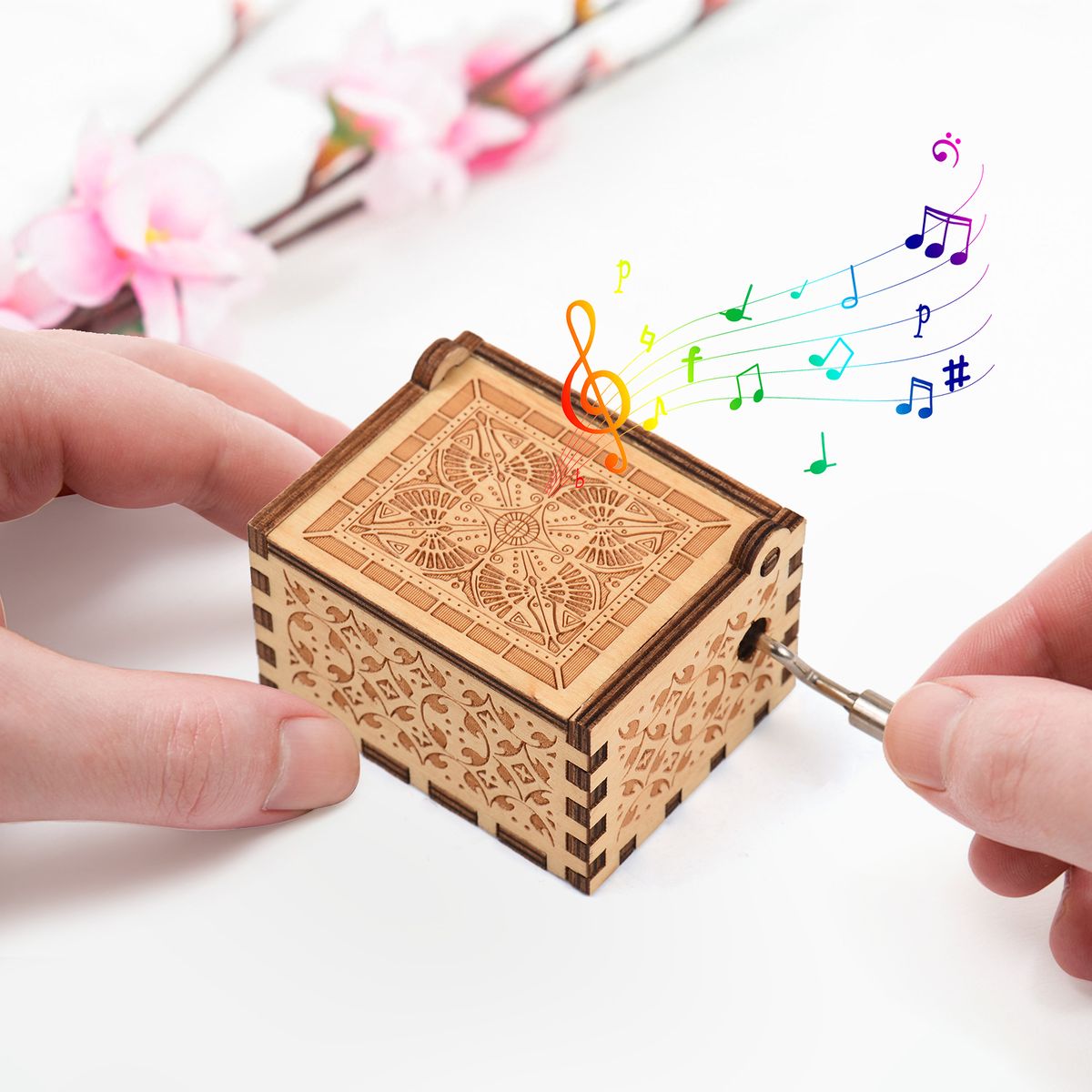 Vintage Wooden Music Box Palm-size Hand Crank Wood Case