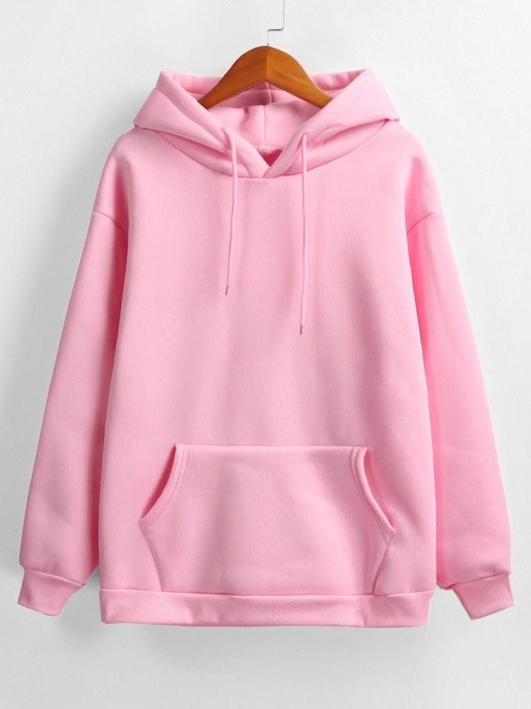 Women Sweatshirt Solid Color Hooded Neckline Dropped Shoulder Pocket Ribbed Long Sleeve Casual Loose Pullover