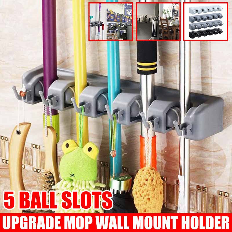 [ 5 Ball Slots And 6 Hooks Mop Broom Holder Garden Tools Wall Mounted Commercial Organizer Storage Rack For Kitchen Garden And Garage Laundry Offices Spring Loaded Mop Hanger Handles White Standard