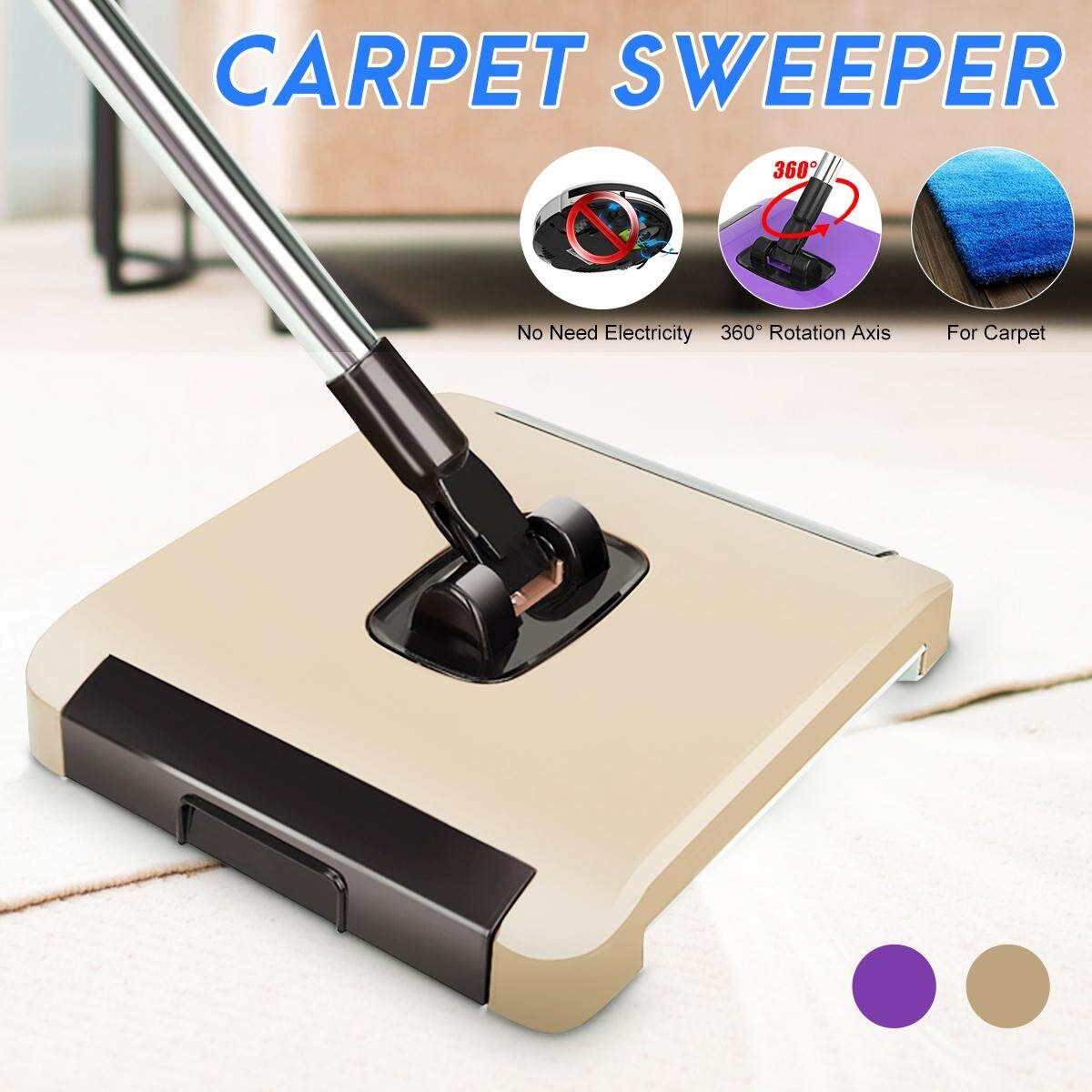 Manual Carpet Sweeper 3 Brush Hard Floor Rug Cleaner Duster Collector & Handle Khaki