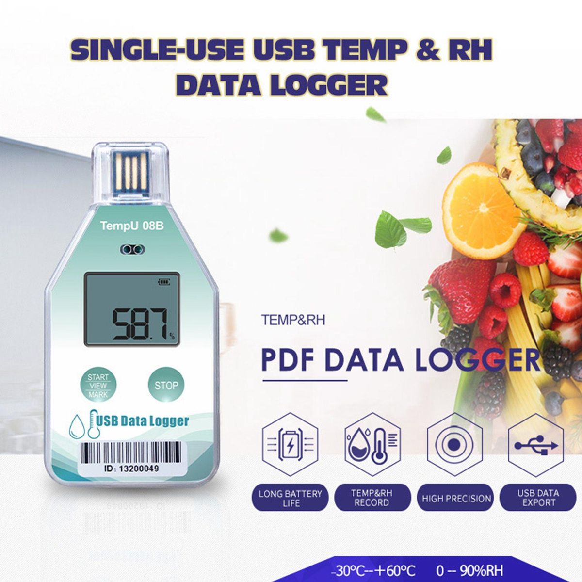 TempU08B Temperature Data 32000 Capacity PDF Report Support Reuse IP67 Temperature Recorder Cold Chain Recorder
