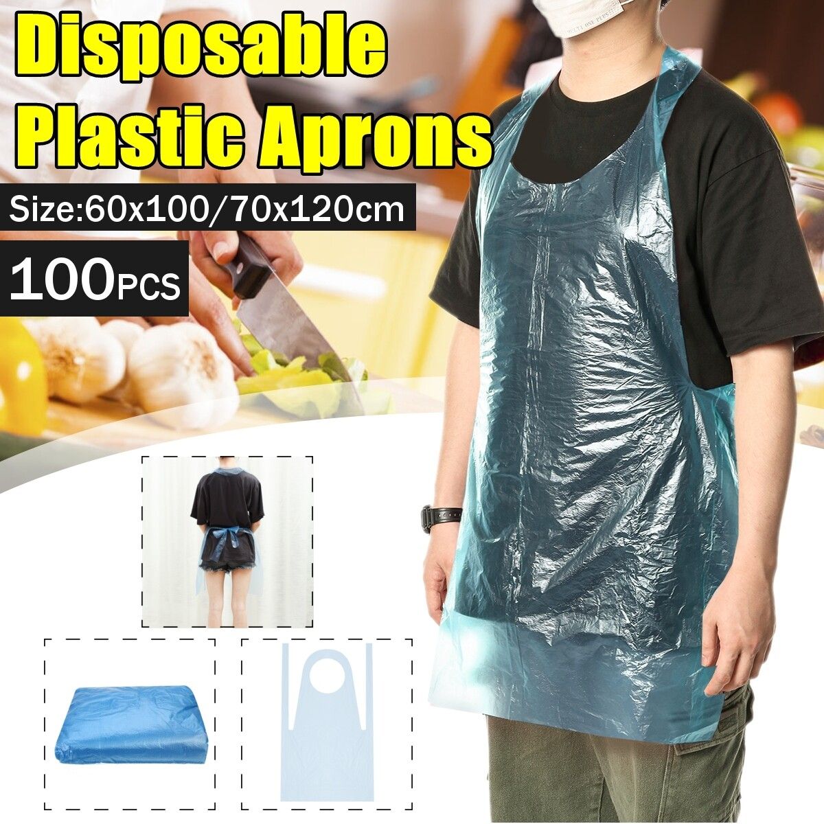 100 PCS Disposable Plastic Aprons Blue Waterproof Oil Proof Kitchen Cooking 60X100 CM
