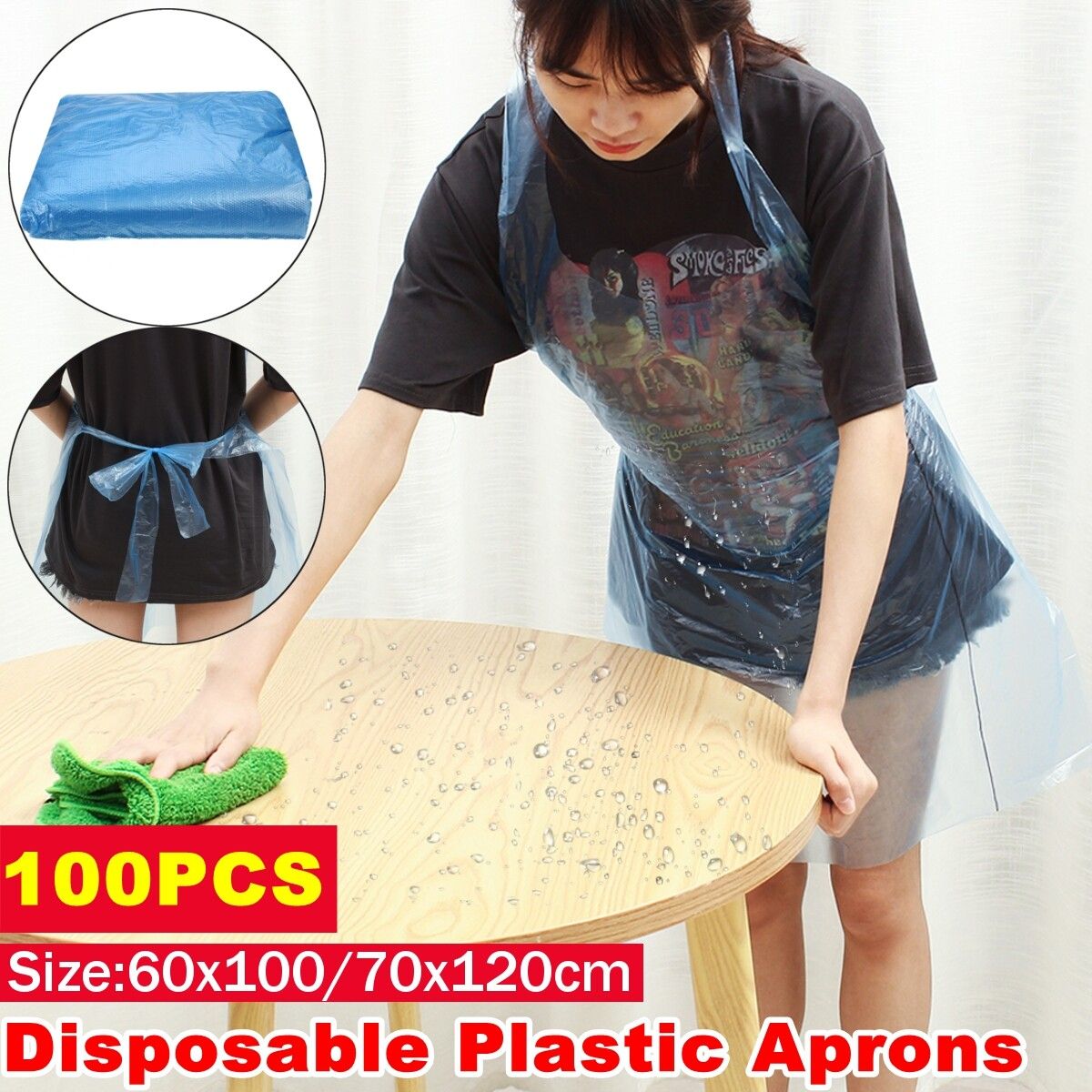 100 PCS Disposable Plastic Aprons Blue Waterproof Oil Proof Kitchen Cooking 60X100 CM