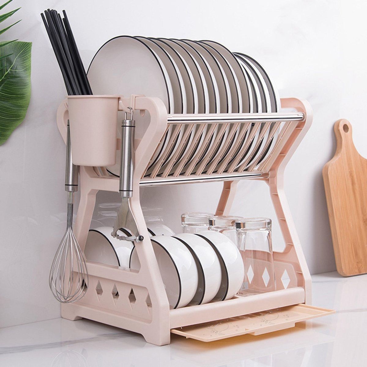 Double-Layer Kitchen Dish Bowl Draining Storage Rack Drying
