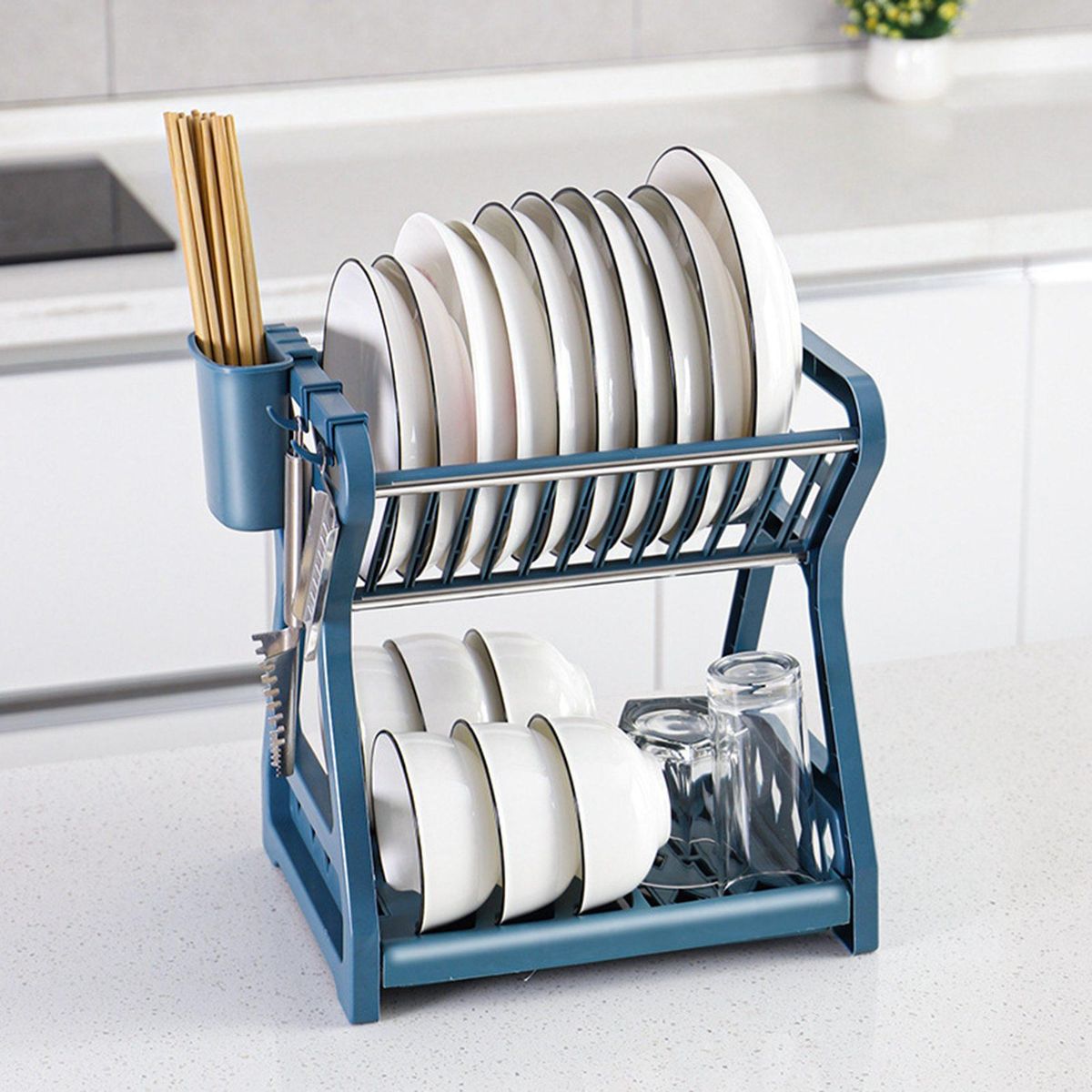 Double-Layer Kitchen Dish Bowl Draining Storage Rack Drying