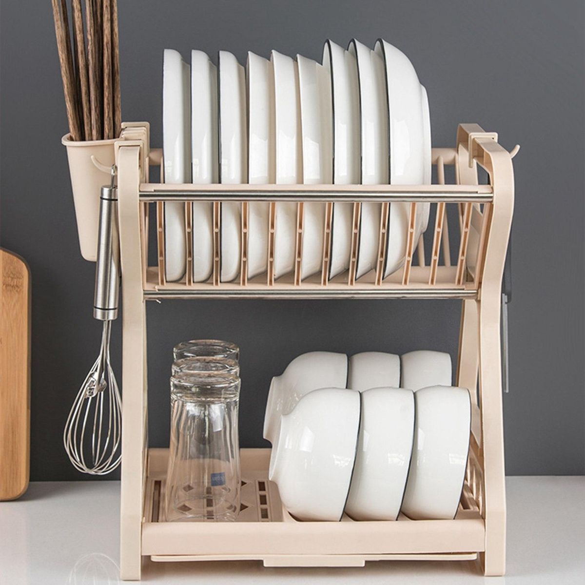 Double-Layer Kitchen Dish Bowl Draining Storage Rack Drying