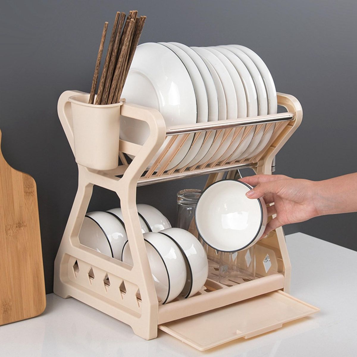 Double-Layer Kitchen Dish Bowl Draining Storage Rack Drying