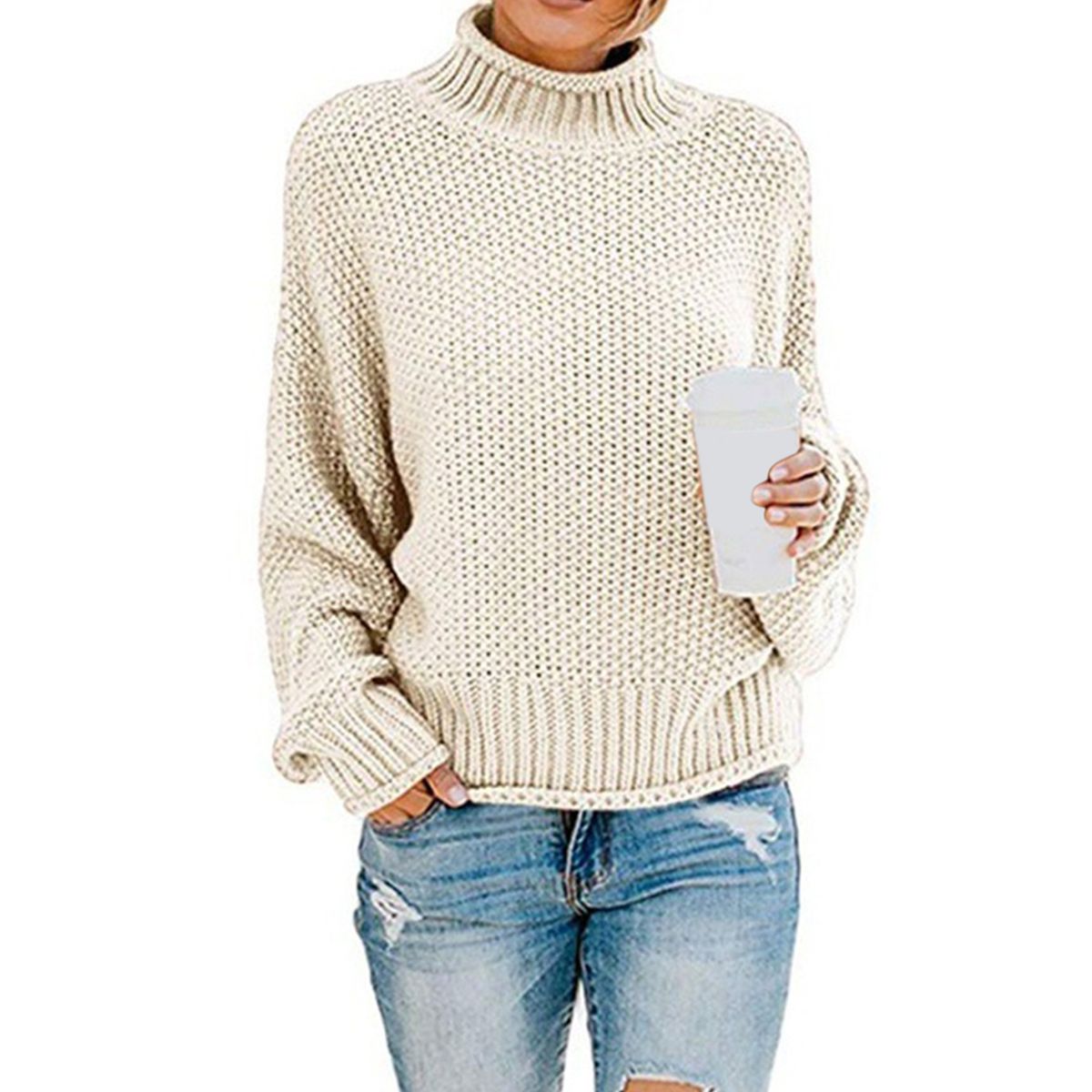 Women's Sweater Solid Loose Oversized Batwing Long Sleeve M White