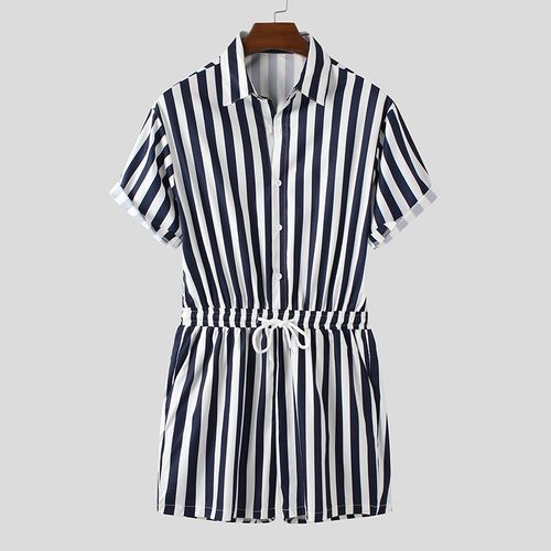 Men Retro Stripe Print Lace Up Short Jumpsuit Romper