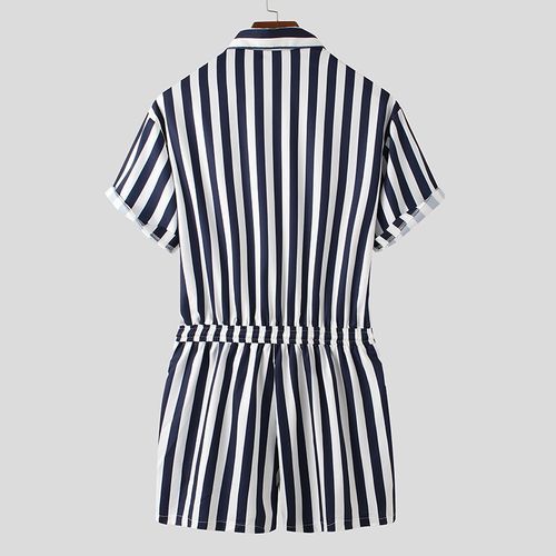Men Retro Stripe Print Lace Up Short Jumpsuit Romper
