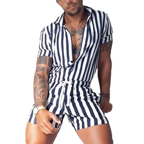 Men Retro Stripe Print Lace Up Short Jumpsuit Romper