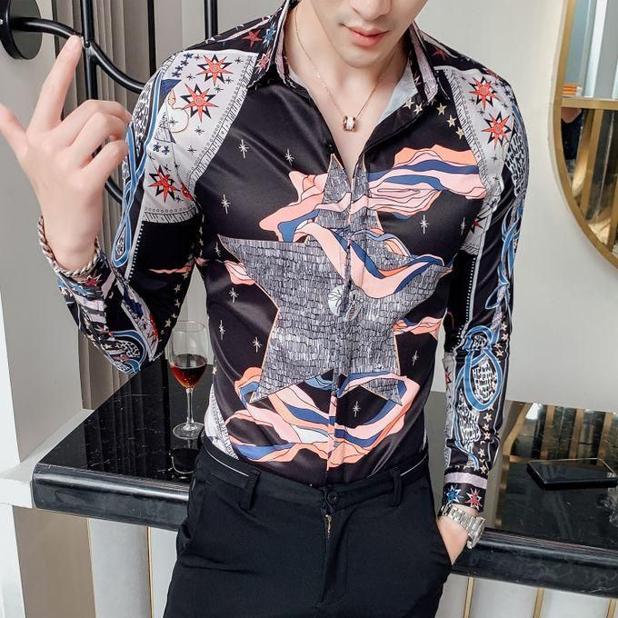 2019 Autumn Flower Shirt Mens Club Long Sleeve Shirt Slim Fit Fancy Shirts Casual Shirts Men Camisa Social Masculina(2320gold)
