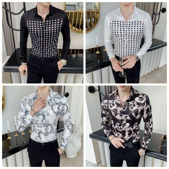 2019 Autumn Flower Shirt Mens Club Long Sleeve Shirt Slim Fit Fancy Shirts Casual Shirts Men Camisa Social Masculina(2320gold)