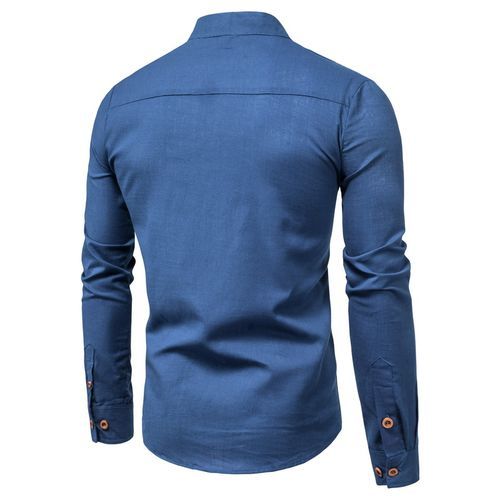 Men's Breathable Cotton Long Sleeve Henleys Plain Stand Collar Slim Shirt - Blue