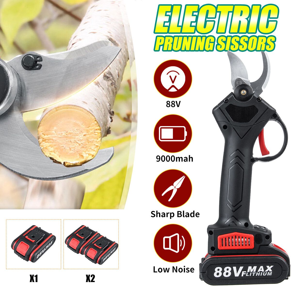 88V Cordless Pruner -ion Pruning Shear Efficient Fruit Tree Bonsai Pruning Electric Tree Branches Landscaping Cutter With 2 Battery