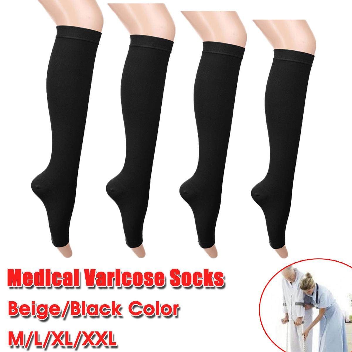 Ankle Brace Foot Bare Toes Elastic Varicose Veins Compressions Stockings-Beige XXL Black L