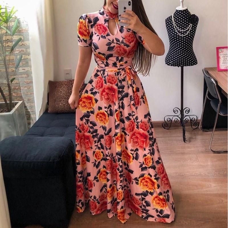 2023 Spring/Summer New Sexy Fashion Lace up Print Half High Neck Dress Long Dress