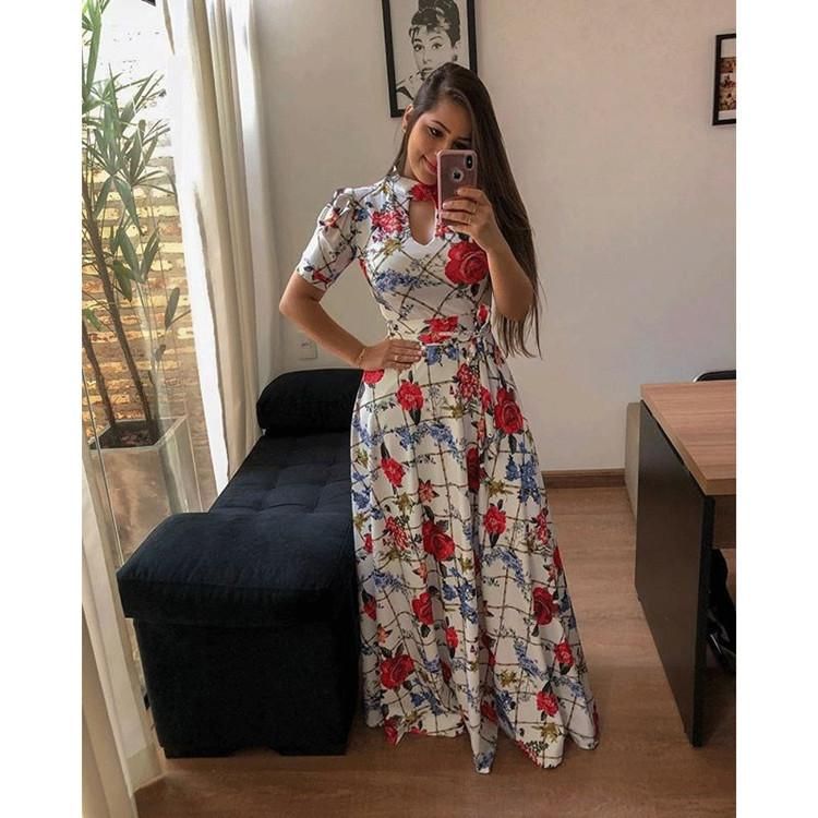 2023 Spring/Summer New Sexy Fashion Lace up Print Half High Neck Dress Long Dress