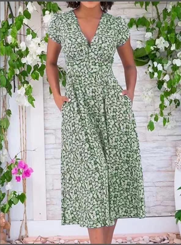 Women's printed pocket Bohemian V-neck