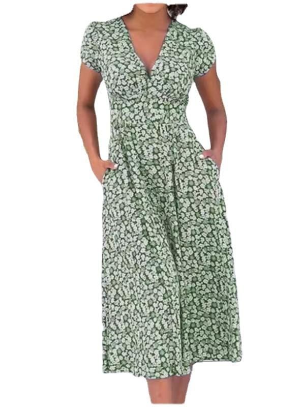 Women's printed pocket Bohemian V-neck