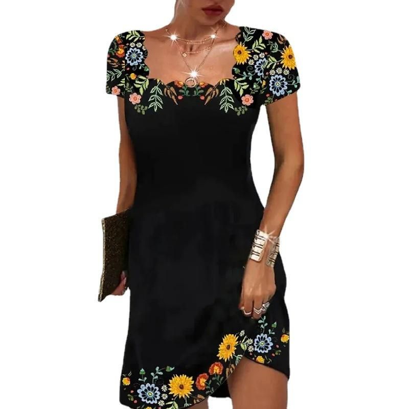 2023 Summer New Women's Wave Neck Printed Short Sleeve Dress