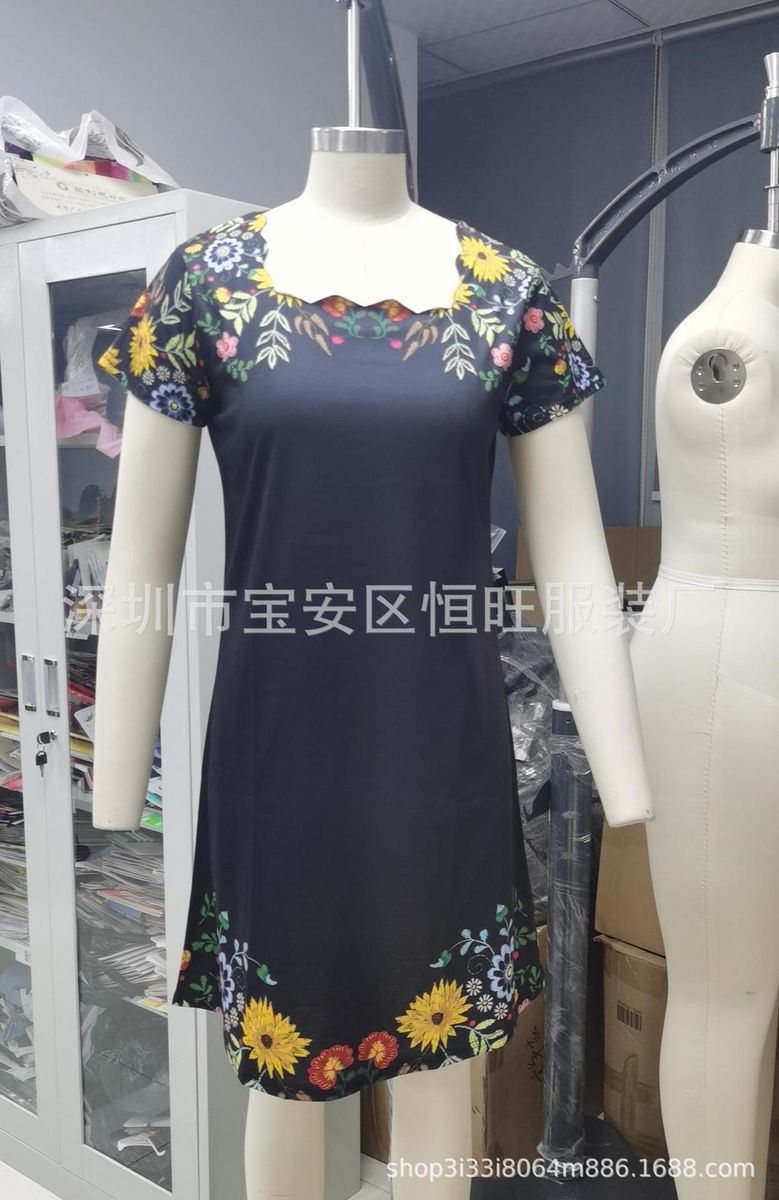 2023 Summer New Women's Wave Neck Printed Short Sleeve Dress