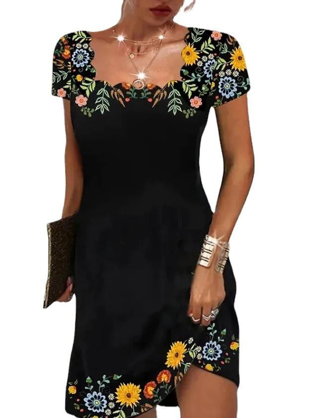 2023 Summer New Women's Wave Neck Printed Short Sleeve Dress
