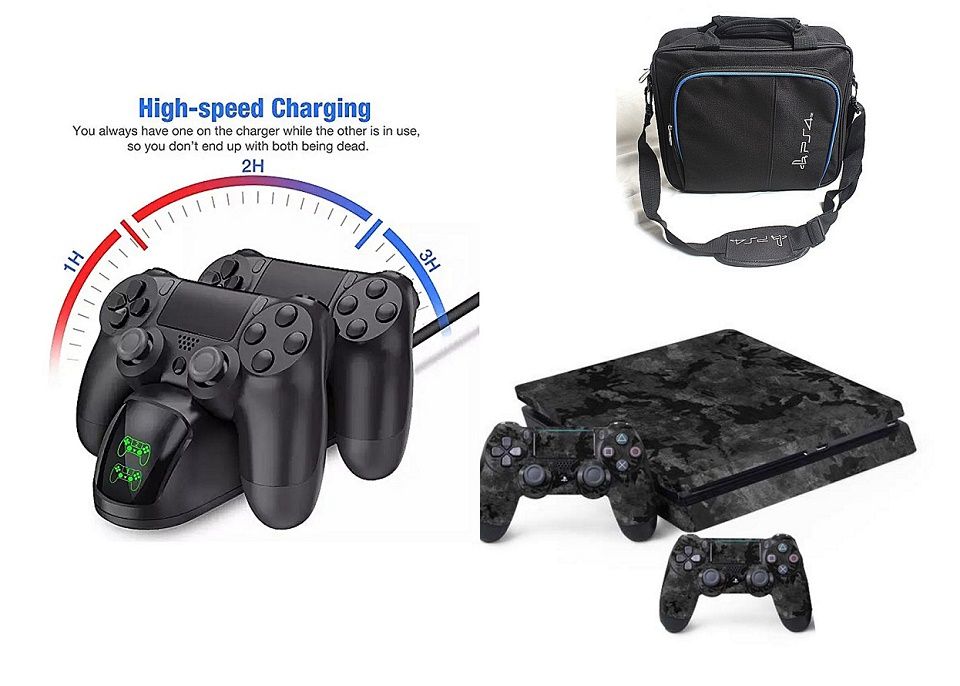 Ps4 Charging Station Stand + New Camo Ps4 Slim Skin + Ps4 Bag