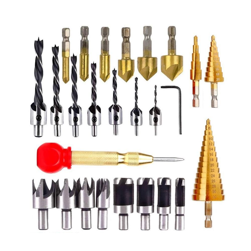 26pcs Woodworking Chamfer Drilling Tool Countersink Drill Bits Set Wood Plug Cutter Center Punch Step Drill Kit with Wrench for Woodworking Carpenter