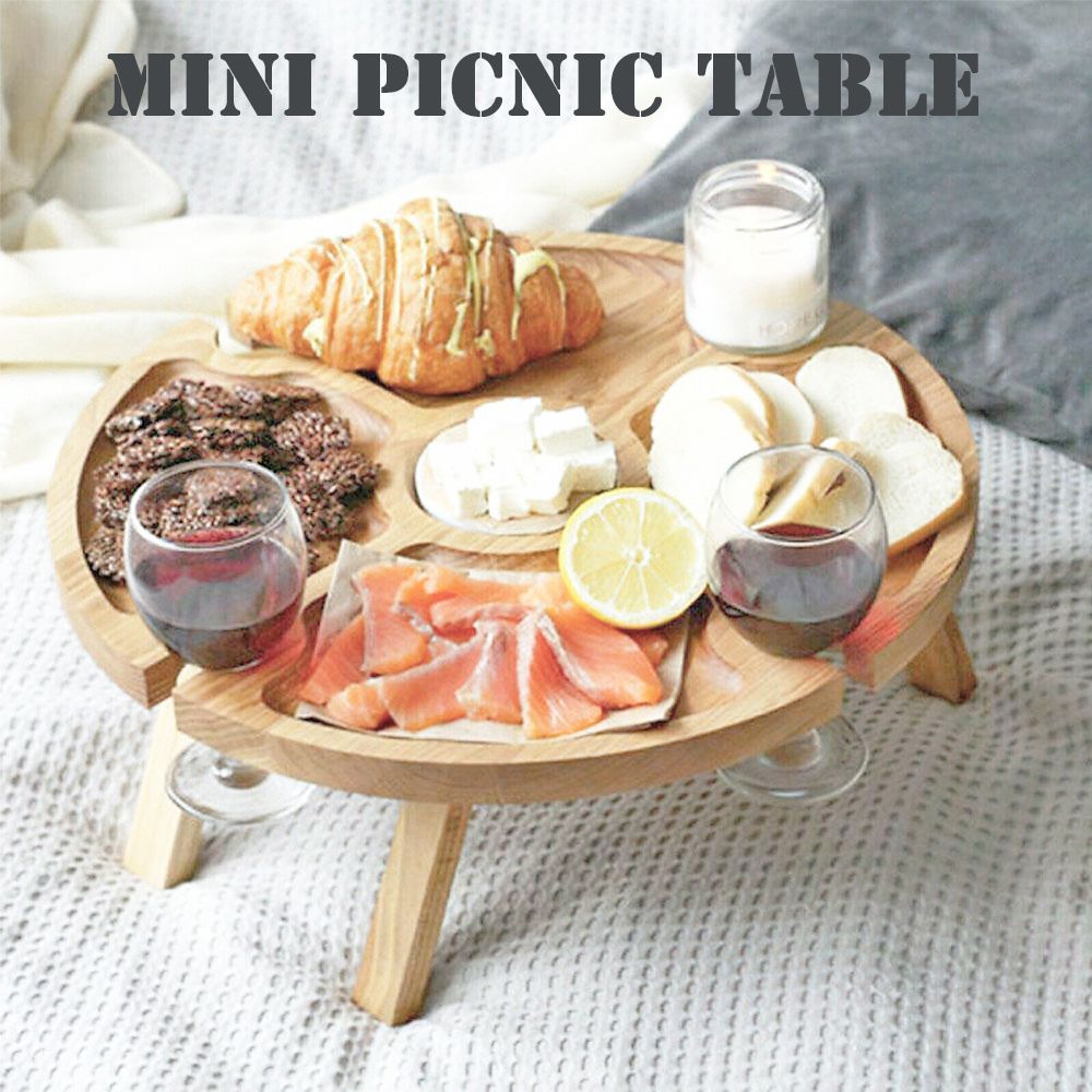 Mini Picnic Table With Glass Holder Wooden Folding Wine