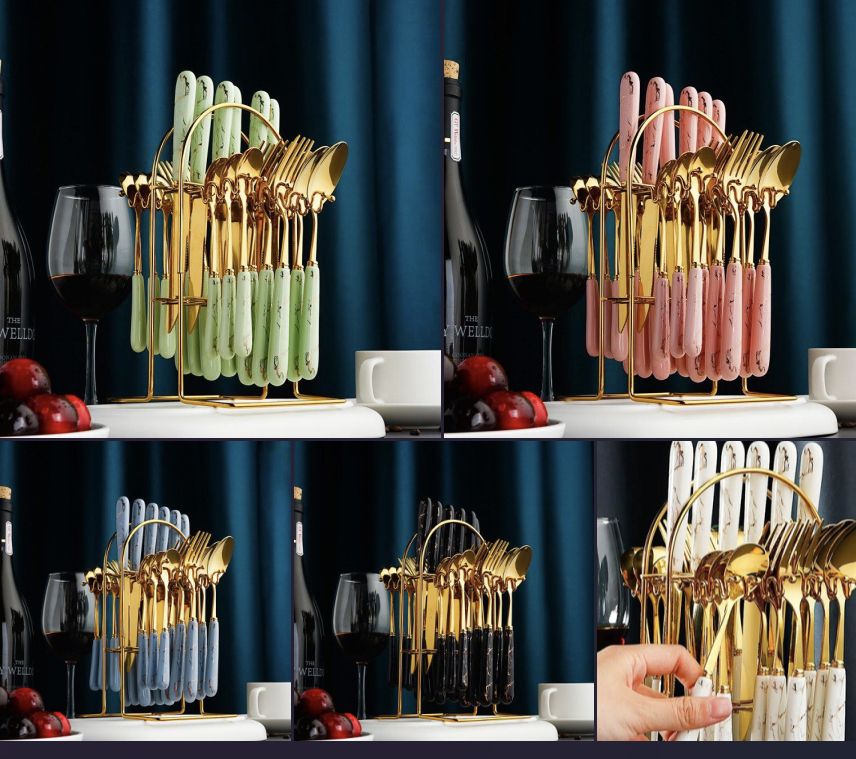 Pcs Gold Plated Stainless Steel Spoon & Fork -with RACK.