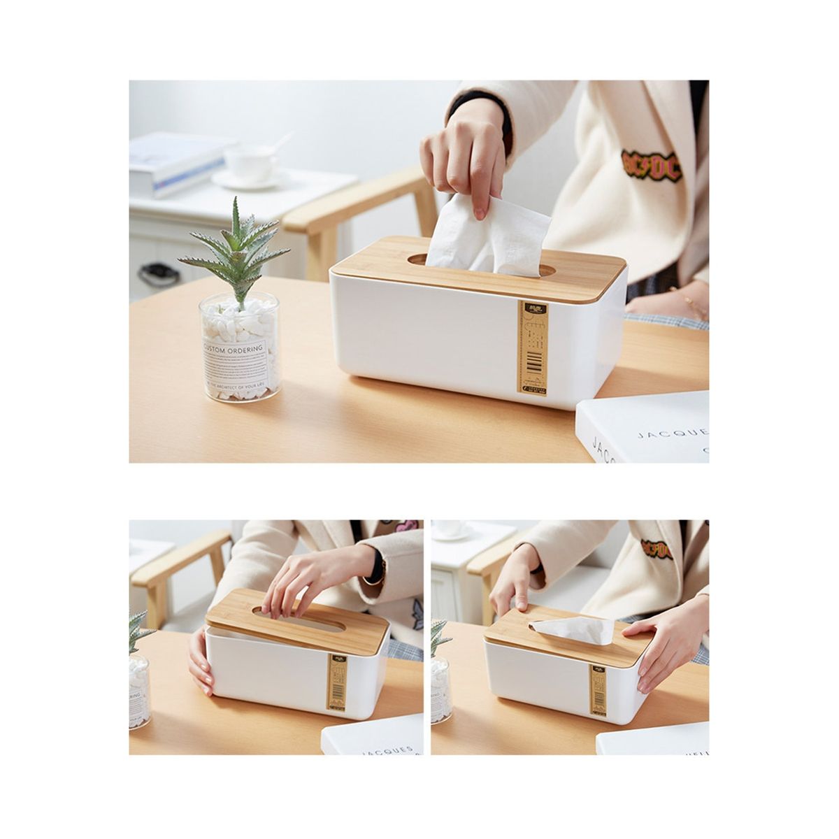Bamboo Wooden Cover Plastic Tissue Box Paper Holder