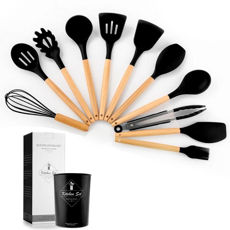 Cross-border spot storage bucket wooden handle silicone kitchen utensils 11-piece set seven-color silicone kitchen utensils eleven-piece set black black 11-piece set (small bucket)