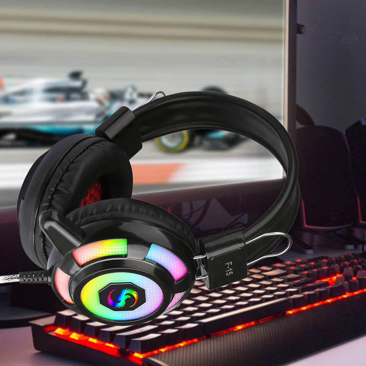 KUBITE Wired Headphones Over-Ear Gaming Earphones with RGB Light Super Dazzling Interface Wire Control with Microphone Computer Headset