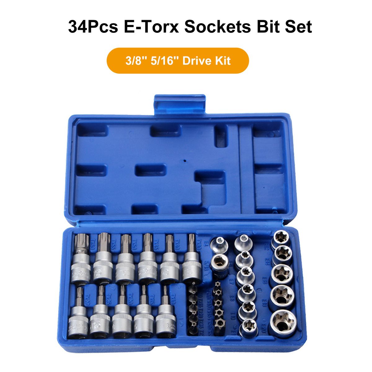 34Pcs E-Torx Sockets Bit Set Male Female E-torx Bits 3/8''