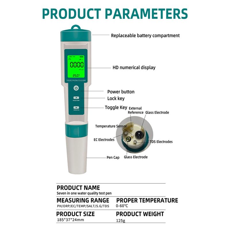 7 in 1 PH/TDS/EC/ORP/Salinity /S.G/Temperature Meter C-600 Water Quality Tester for Drinking Water  Aquariums PH Meter