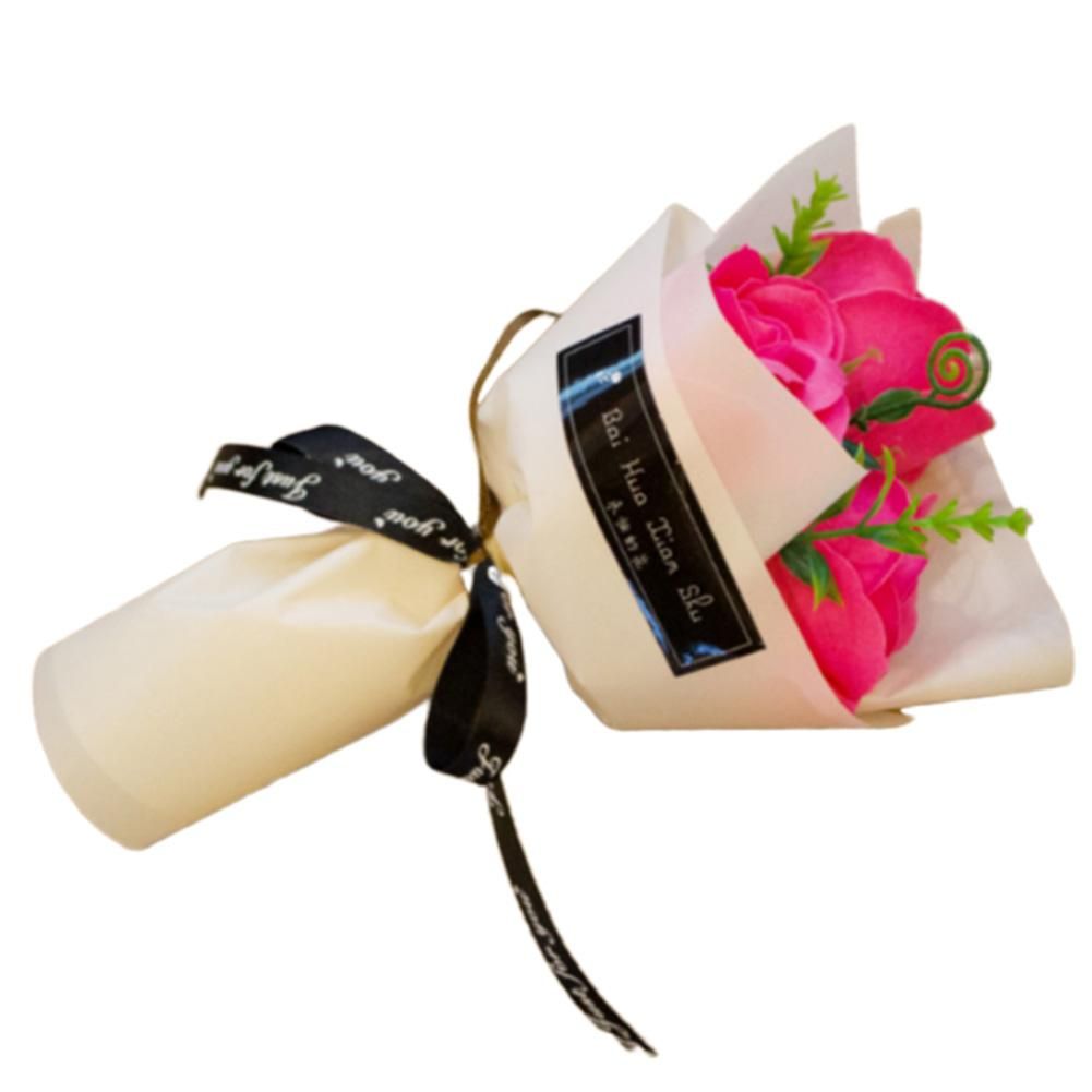 3 Heads Artificial Rose Bouquet Hand Holding Soap-Dark Pink