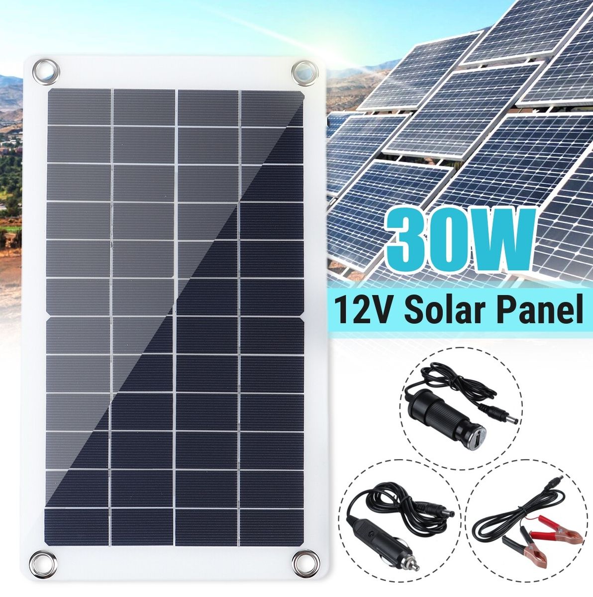 30W 12V Solar Panel Monocrystalline Silicon Charger Kit Boat Favor Car