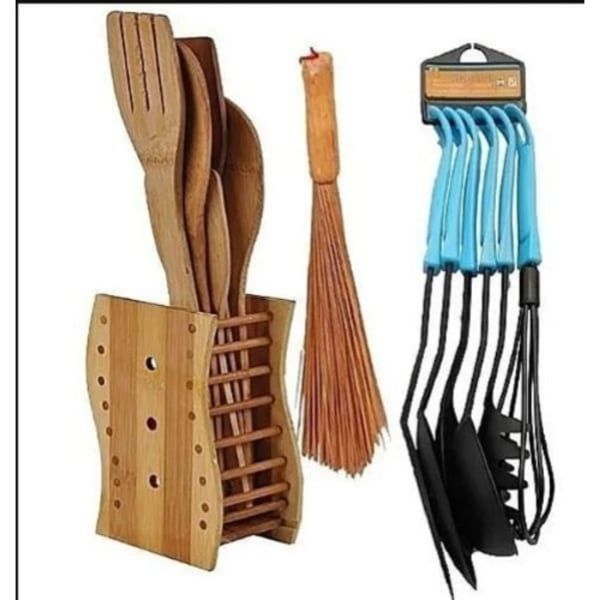 5 Set Of Kitchen Wooden Spoons + 5 Set Of Non-stick Spoon + Ewedu Broom