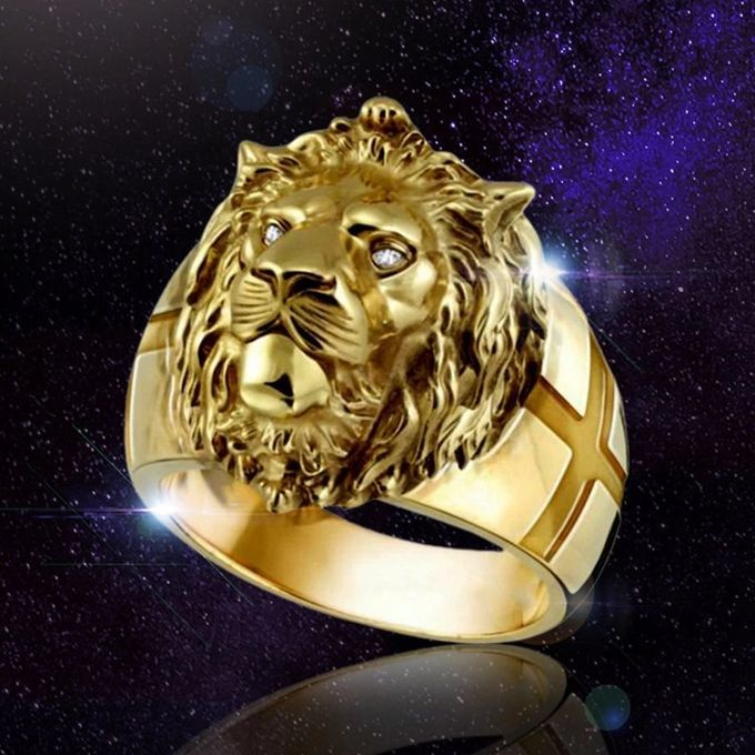 Ins Hot Golden Lion Head Diamond Geometric Men's Ring