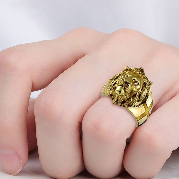 Ins Hot Golden Lion Head Diamond Geometric Men's Ring