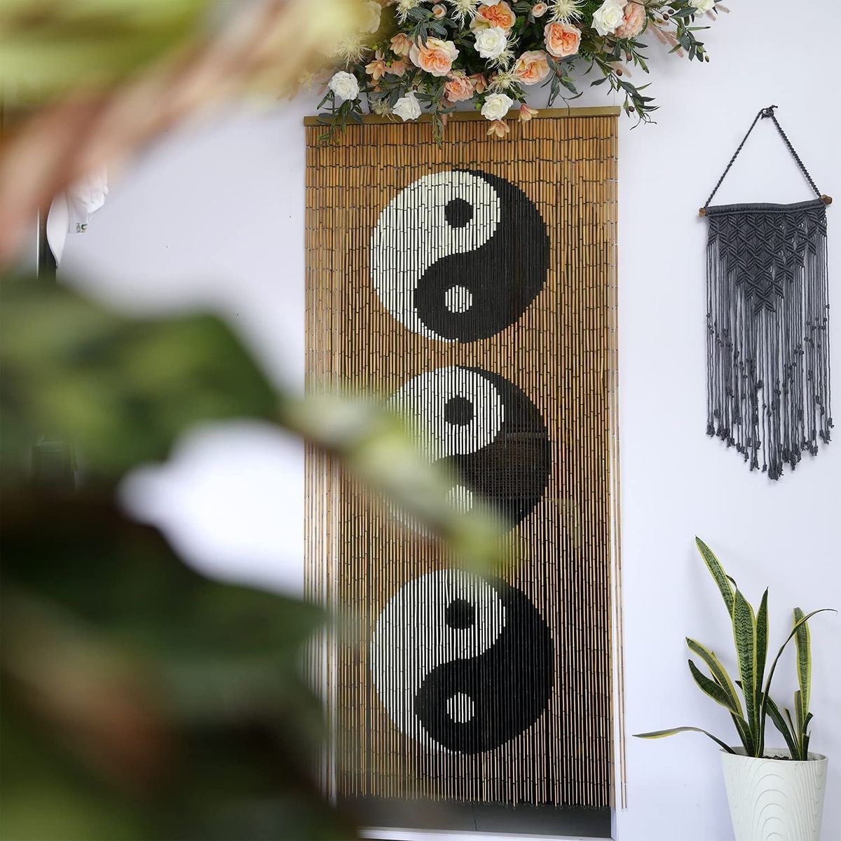 TACHILC Ying Yang Bamboo Bead Curtain, Doorway Hanging